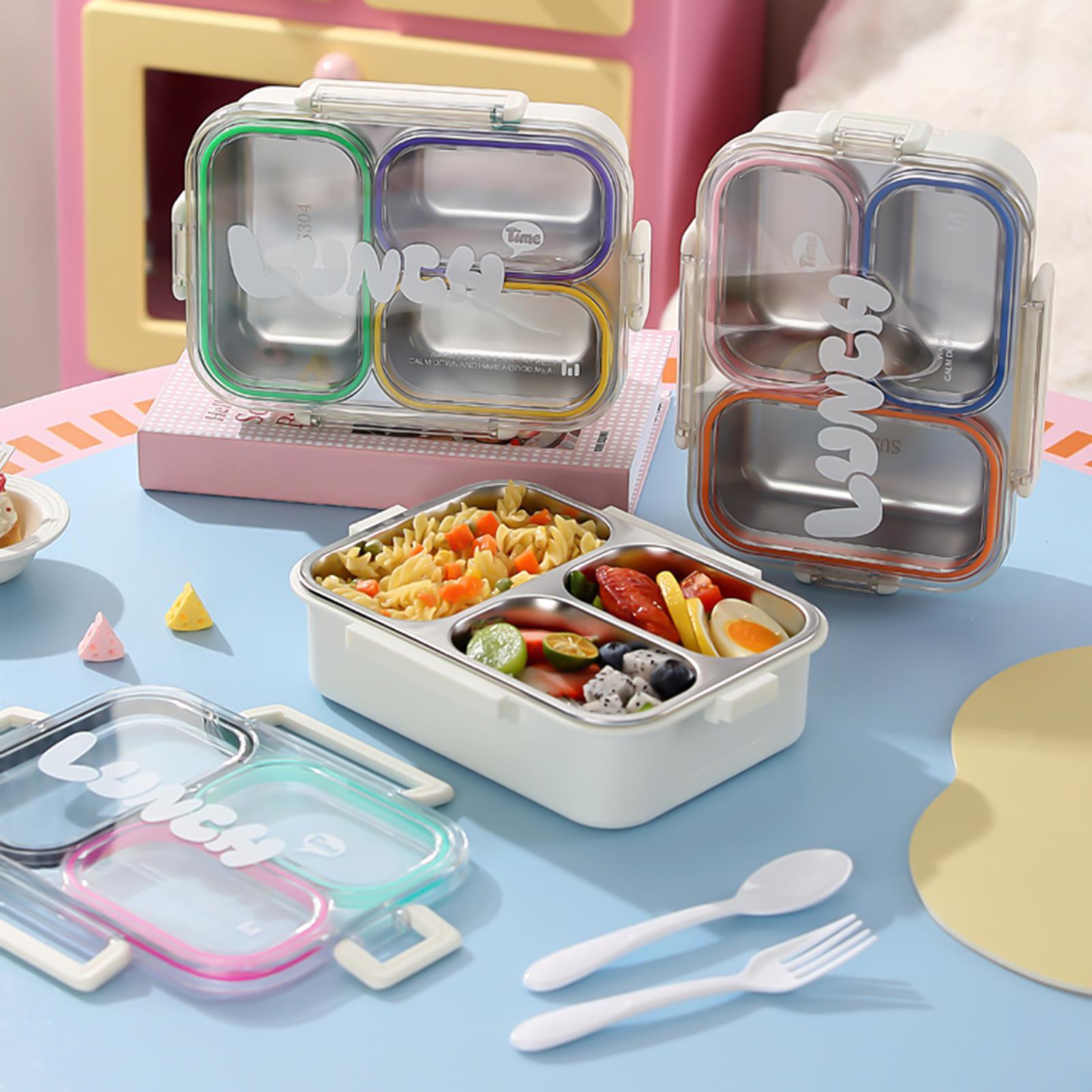 Food Snacks For Kids - กล่องอาหารกลางวันสแตนเลสแบบแบ่งช่อง ป้องกันการรั่วซึม กล่องขนมสำหรับเด็กนักเรียน พร้อมชุดช้อนส้อม กล่องอาหารกลางวันแบบพกพาสำหรับสำนักงาน สำหรับเก็บอาหาร
