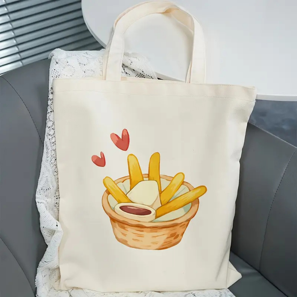 Food Grocery Snacks - กระเป๋าผ้าแคนวาสพิมพ์ลายเฟรนช์ฟรายส์น่ารัก, กระเป๋าใส่ของชำแบบใช้ซ้ำได้, ของขวัญที่สมบูรณ์แบบสำหรับคนรักอาหารและขนม, ช้อปปิ้งแบบสบายๆ และปิกนิกทุกวัน