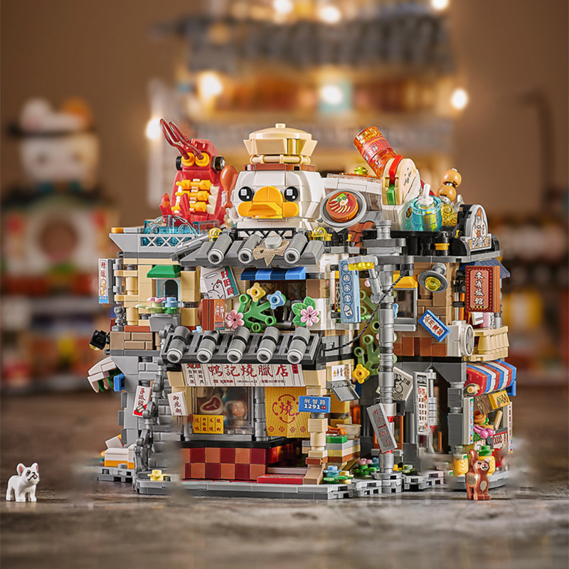 Food City Snacks - ชุดตัวต่ออาคารแบบย้อนยุคสไตล์ฮ่องกง ริมถนนตลาดอาหาร ร้านขายเนื้อย่าง ร้านขายของว่าง ร้านอาหารทะเล ของเล่นตัวต่อขนาดเล็ก